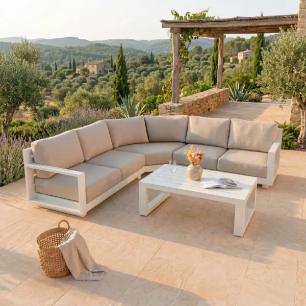 Salon de jardin d'angle aluminium 5 places Elba Blanc et taupe