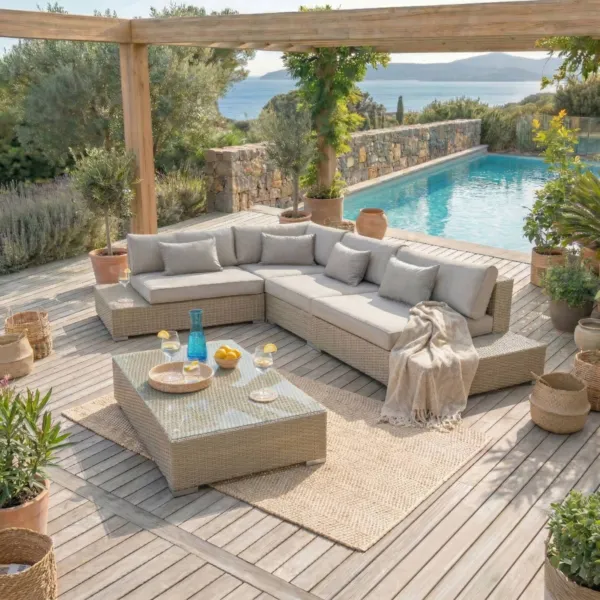 Salon de jardin d'angle en r�sine tress�e 5 places Palma Gris et taupe
