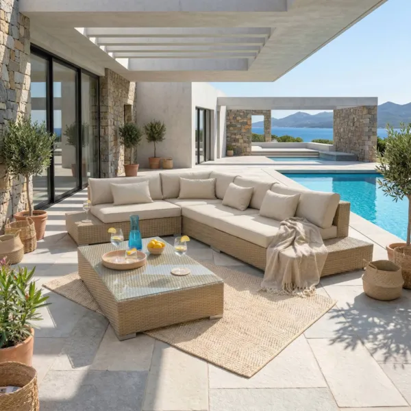 Salon de jardin d'angle en r�sine tress�e 5 places Palma Gris et beige