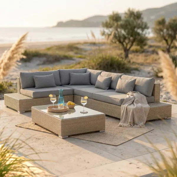 Salotto da giardino angolare in resina intrecciata 5 posti Palma Grigio e antracite
