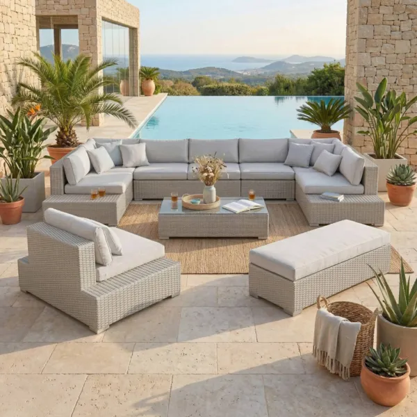 Salon de jardin en r�sine tress�e 9 places 9 pcs Palma Gris