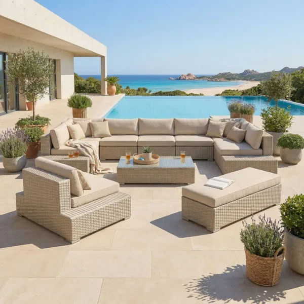 Salon de jardin en r�sine tress�e 9 places 9 pcs Palma Gris et beige
