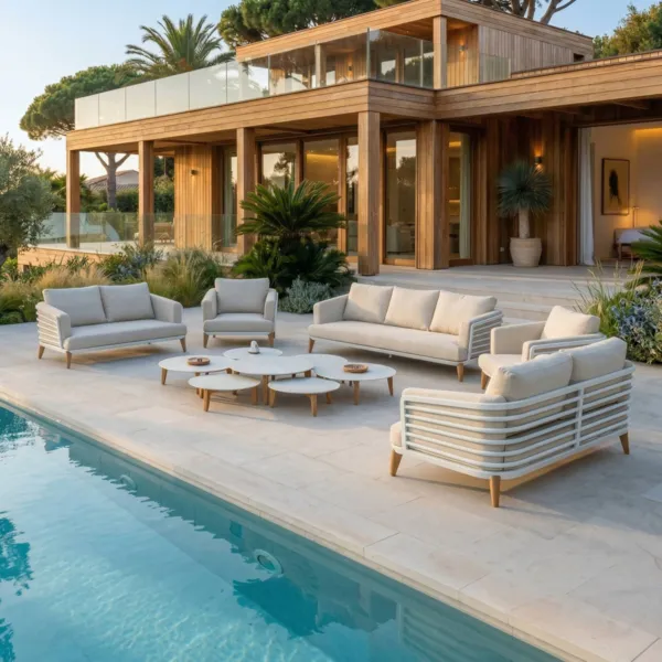 Salon de jardin aluminium 9 places 12 pcs Monte Carlo Blanc et beige
