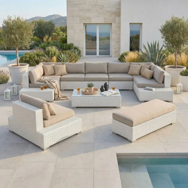 Salon de jardin en r�sine tress�e 9 places 9 pcs Palma Blanc et taupe