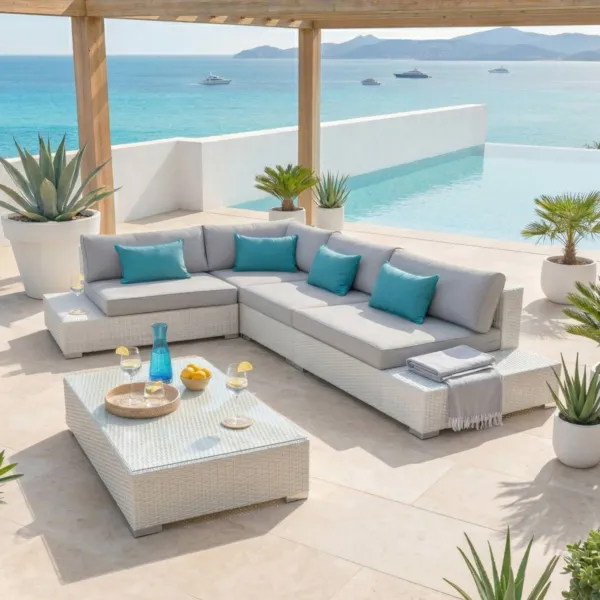 Salotto da giardino angolare in resina intrecciata 5 posti Palma Bianco e grigio