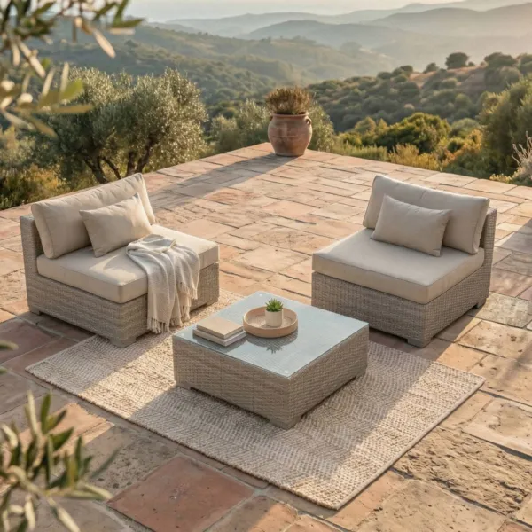 Salotto da giardino in resina intrecciata 2 posti 3 pezzi Palma Grigio e beige