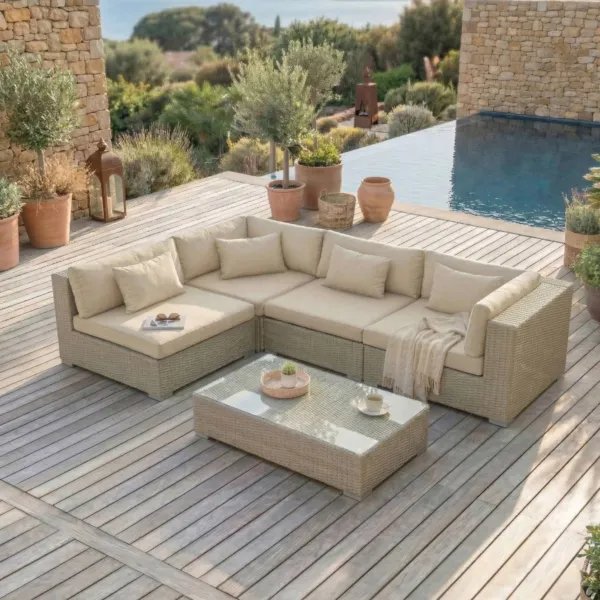 Salon de jardin en r�sine tress�e 4 places 5 pcs Palma Gris et beige