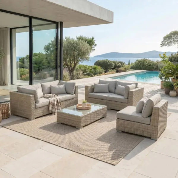 Salotto da giardino in resina intrecciata 5 posti 6 pezzi Palma Grigio