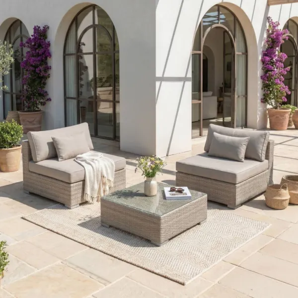 Salotto da giardino in resina intrecciata 2 posti 3 pezzi Palma Grigio e tortora