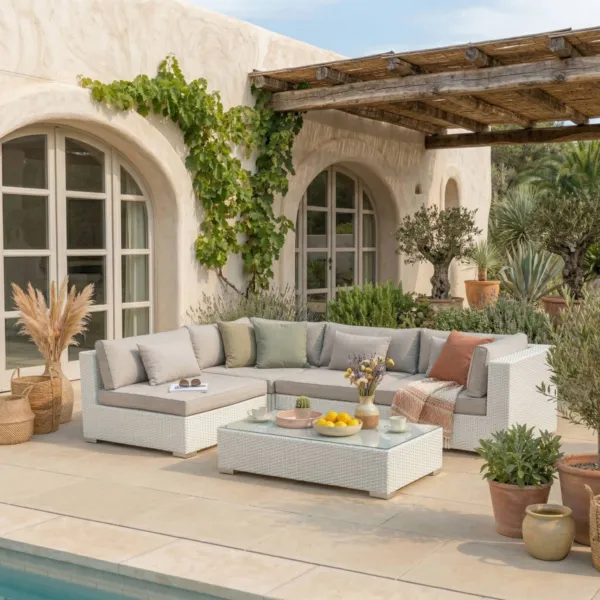 Salotto da giardino in resina intrecciata 4 posti 5 pezzi Palma Bianco e tortora