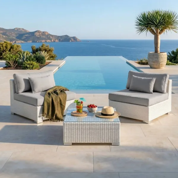 Salotto da giardino in resina intrecciata 2 posti 3 pezzi Palma Bianco e grigio