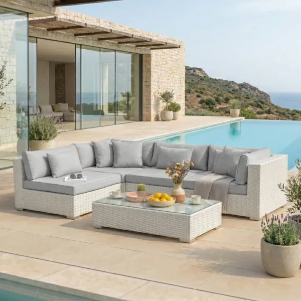 Salotto da giardino in resina intrecciata 4 posti 5 pezzi Palma Bianco e grigio