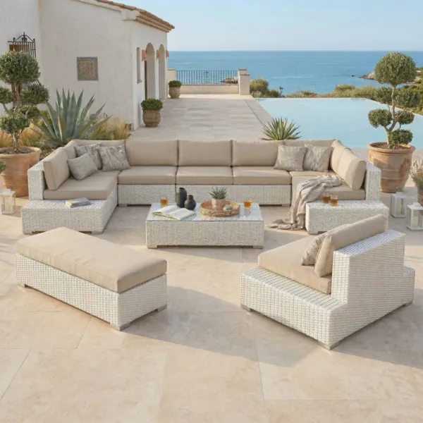 Salotto da giardino in resina intrecciata 9 posti 9 pezzi Palma Bianco e beige