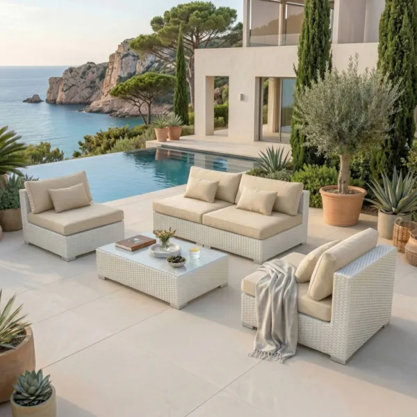 Salon de jardin en r�sine tress�e 4 places 4 pcs Palma Blanc et beige