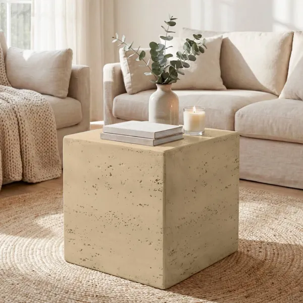 Mesa auxiliar cuadrada de magnesio oxidado (H40 cm) Romeau Efecto Travertino