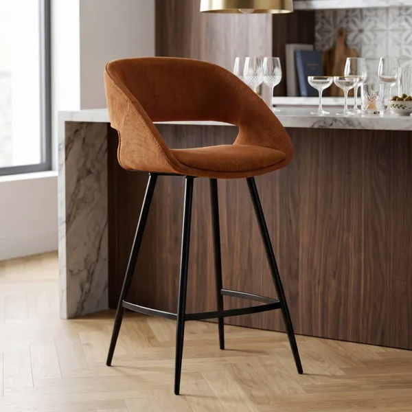 Set aus 2 Barhockern mit Samt-Rippenmuster-R�ckenlehne (Sitzh�he 68 cm) Kosmo Cognac