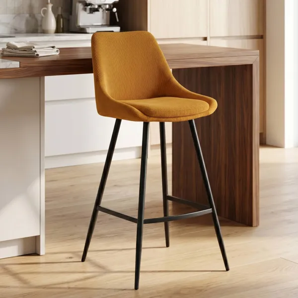 Set aus 2 Barhockern mit Ripp-Velours-R�ckenlehne (Sitzh�he 75 cm) Juno Currygelb