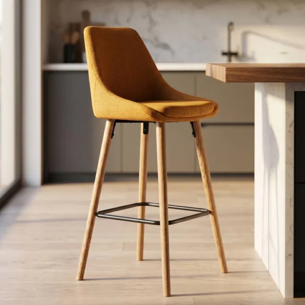 Conjunto de 2 taburetes de isla central con respaldo de tela (Asiento 67cm) Juno Amarillo ocre pata de roble