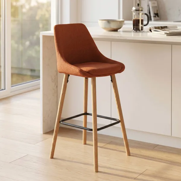 Set van 2 barkrukken voor keukeneiland met stoffen rugleuning (Zithoogte 67cm) Juno Cognac eikenhouten poten