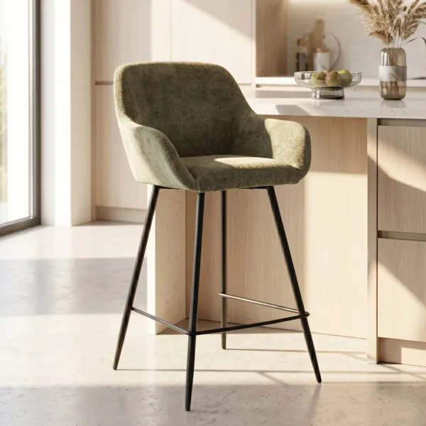 Conjunto de 2 taburetes de isla central con respaldo de tela chenilla (Asiento 65cm) Zola Verde caqui