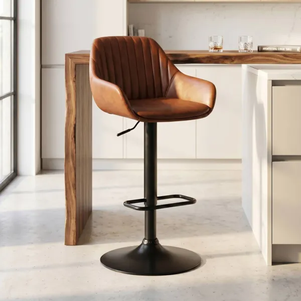 Taburete de bar central giratorio con respaldo de imitaci�n cuero (Asiento ajustable 62/83 cm) Zila Marr�n
