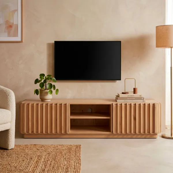 Mueble de TV 2 nichos 2 puertas roble macizo (180 x 45 cm) Altos Natural
