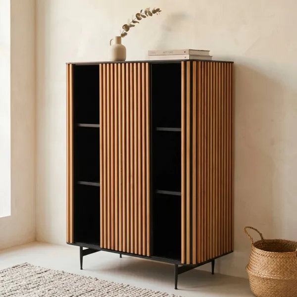 Hoher Eichenmassiv-Highboard mit 3 Ebenen (98 x 135 cm) Rytm Schwarz