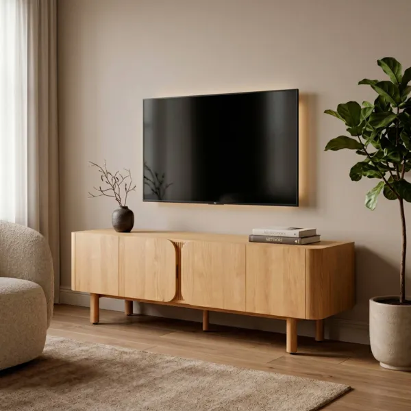 Meuble t�l� 4 portes ch�ne massif (180 x 55 cm) Oakland Naturel