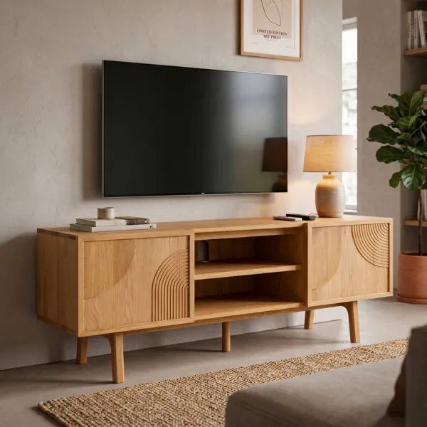 Meuble t�l� 2 niches 2 portes ch�ne (140 x 55 cm) Olys Naturel