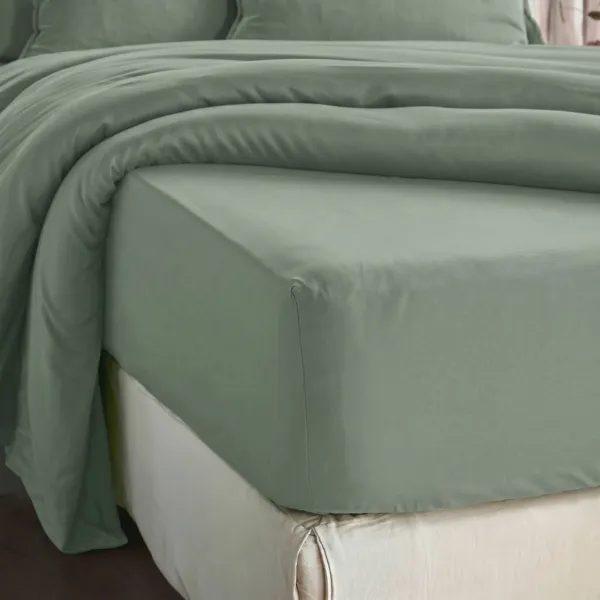 Drap housse lyocell Tencel� lav� (180 x 200 cm) Olivia Vert eucalyptus