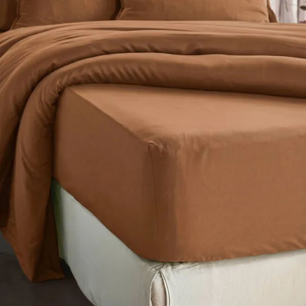Drap housse lyocell Tencel� lav� (140 x 190 cm) Olivia Camel