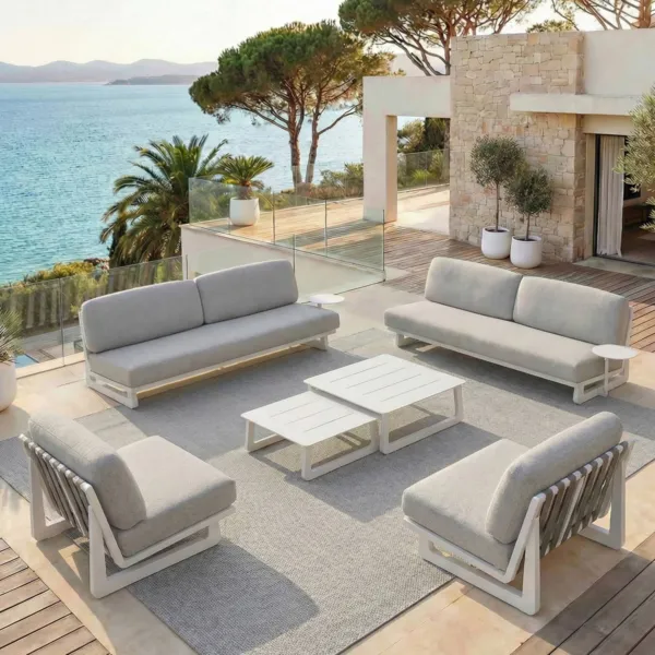 Set da giardino in alluminio 8 posti 6 pezzi Long Beach Bianco cenere e grigio chiaro