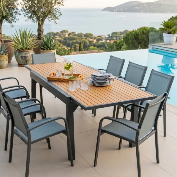 Table de jardin extensible en aluminium 10 places (135/270 x 90 cm) Murano Gris anthracite et effet bois