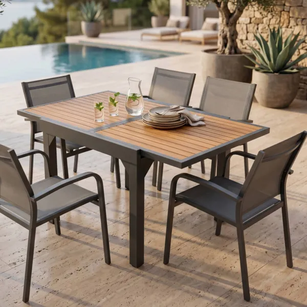 Mesa de jardín extensible 8 personas Aluminio efecto madera Murano (180 x 90 cm)- Gris antracita