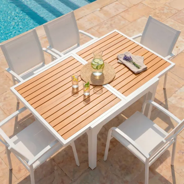 Table de jardin extensible en aluminium 8 places (90/180 x 90 cm) Murano Blanc et effet bois