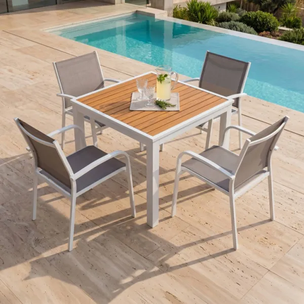 Tavolo da giardino quadrato in alluminio 4 posti (89 x 89 cm) Murano Bianco ed effetto legno