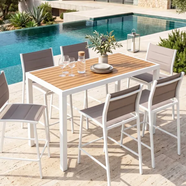 Table de jardin haute en aluminium 6 places (160 x H105 cm) Murano Blanc et effet bois