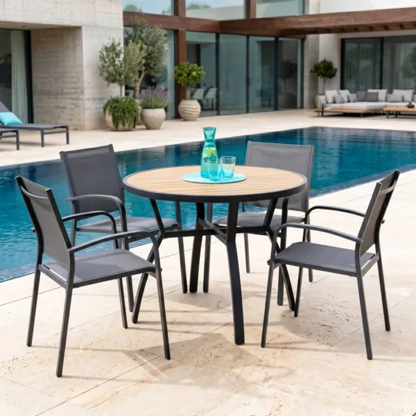 Ronde aluminium tuin tafel 5 plaatsen (D105 cm) Murano Antracietgrijs en houteffect