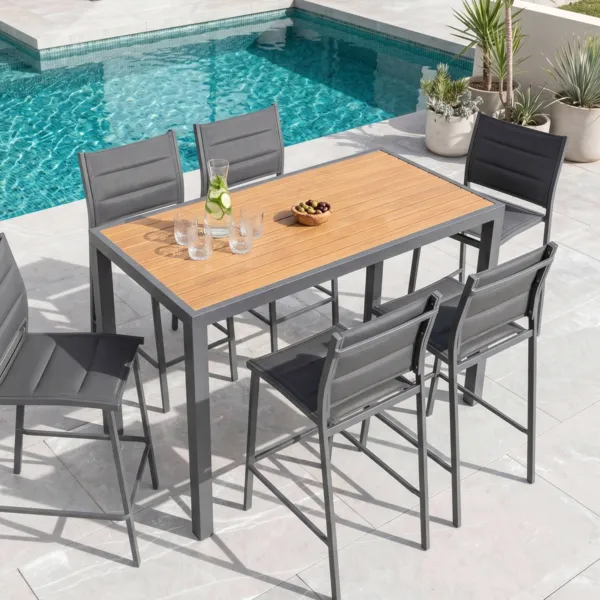Table de jardin haute en aluminium 6 places (160 x H105 cm) Murano Gris anthracite et effet bois