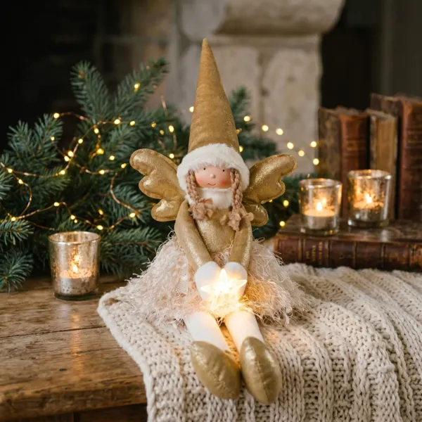 �ngel de Navidad luminoso a pilas (H48 cm) Hada luna clara sentada Dorada