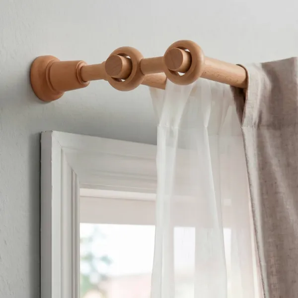 Soporte doble fijo para barra de cortina de madera (L21.5 cm /D28 mm) Nils Beige Barnizado