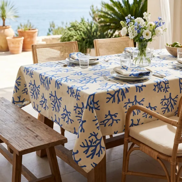 Rechthoekig gecoat katoenen tafelkleed (150 x 250 cm) Moorea Blauw