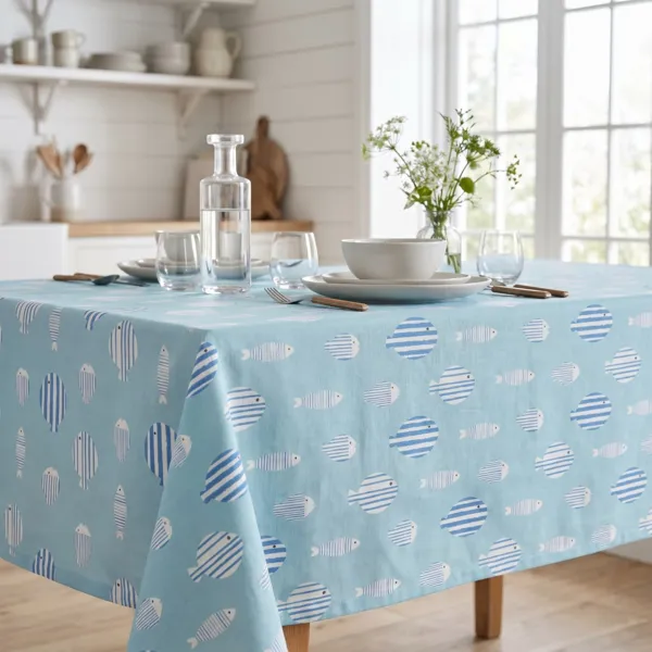 Tischdecke rechteckig Baumwolle beschichtet (150 x 350 cm) Fish Blau