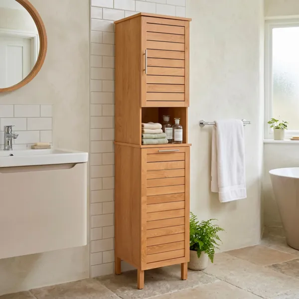 Mobile colonna bagno con cesto per biancheria integrato in legno (173 x 38 cm) Colonial Naturale