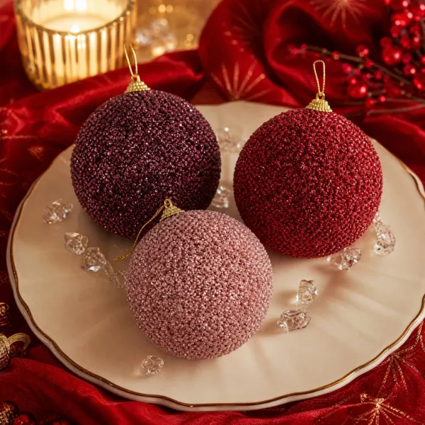 Set mit 12 Weihnachtskugeln (D100 mm) Glitzerlicht Rot, Weinrot und Farbe: zartrosa