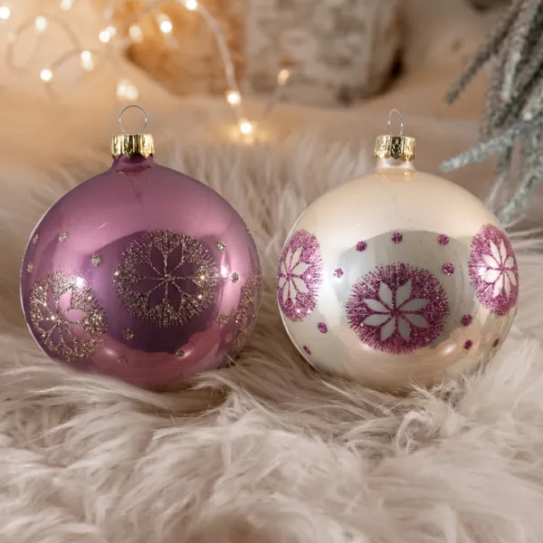 Set van 6 kerstballen van glas (D80 mm) Sneeuw Medaillon Roze en parel