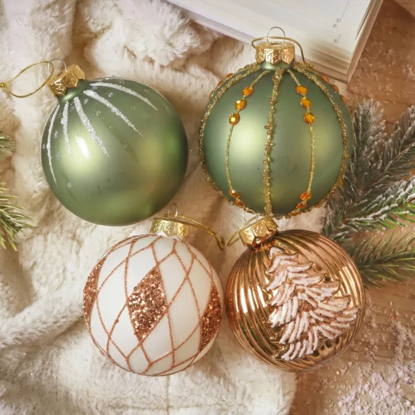 Set van 12 kerstballen van glas (D80 mm) Shine Glam Cognac en Groen