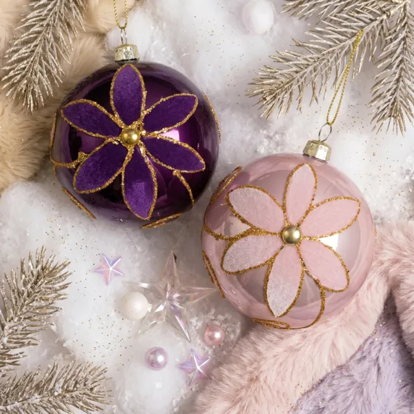 Lote de 12 bolas de Navidad (D80 mm) Flores majestuosas Higo y rosa