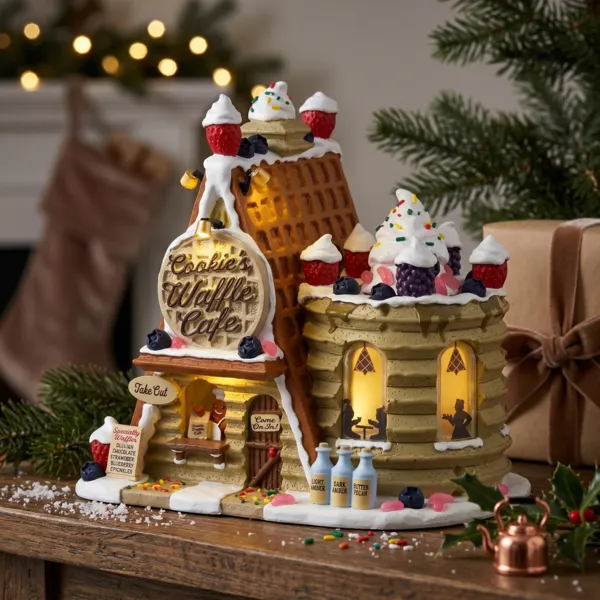 Beleuchtetes Weihnachtsdorf Lemax mit Batteriebetrieb, Waffel- und Kekshaus