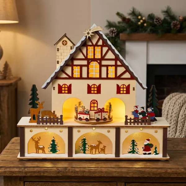 Villaggio di Natale in legno luminoso e musicale a pile (27 x H24 cm) Chalet Svizzero Colorato